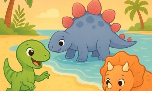 A small smiling joyful velociraptor, light green with thin darker stripes on its tail, big shiny round eyes and small soft claws, runs on the sand with arms raised, enthusiastic expression; a soft round stegosaurus, blue-gray with large rounded pink plates, wades with a front foot at the water’s edge, looking kindly at the velociraptor; an armored but friendly triceratops, peach-colored with rounded horns and a big smile, digs a small sand den next to the velociraptor to their right. Bright beach with golden sand, gentle translucent waves, colorful shells and smooth stones, palm trees and ferns in the background, pastel pink-orange sunset sky. Main scene: three dinosaur friends discovering a safe beach and playing together, serene joyful atmosphere, clear composition, simple shapes and bright contrasting colors suitable for toddlers.