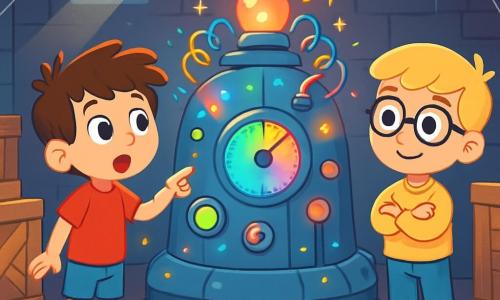 Hay 2 personajes principales: Lucas, un niño de 8 años con el cabello castaño alborotado, que lleva una camiseta roja y un pantalón corto azul, de pie con los ojos muy abiertos de asombro, señalando la máquina del tiempo; y Tomás, un niño de 7 años con cabello rubio y gafas redondas, vestido con un suéter amarillo y jeans, que está al lado de Lucas, con los brazos cruzados y una gran sonrisa curiosa. La escena tiene lugar en un sótano misterioso, lleno de viejas cajas de madera y telarañas. En el centro, una máquina del tiempo brilla con luces multicolores, rodeada de cables centelleantes y diales giratorios. Las paredes son de ladrillos grises y una pequeña ventana deja entrar un rayo de luz que ilumina la escena. La historia muestra a Lucas y Tomás descubriendo la máquina del tiempo, maravillados por sus luces brillantes y sonidos extraños, listos para embarcarse en una increíble aventura a través de las épocas.