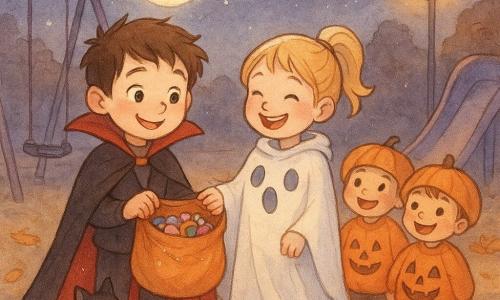 An 8-year-old boy with messy brown hair and mischievous round eyes wears a red vampire cape and simple costume, smiling as he holds an open bag of candy; beside him on a swing sits Ella, about 8, blond ponytail, in a playful ghost-sheet costume, laughing; three small children dressed as pumpkins (6–7 years) stand nearby watching; a black cat with a purple ribbon and jingling bell slips by the boy’s feet; the scene is a playground at dusk with metal swings, a rounded slide, piles of orange leaves, soft lamplight and a bright moon; main action: the boy sharing candy with Ella and the pumpkin kids, warm orange and purple palette, delicate watercolor textures and white highlights for moonlight and candy reflections.
