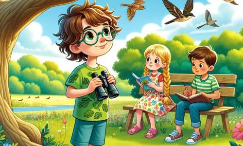 Een 12-jarige jongen, genaamd Max, staat onder een grote eik in een zonnig park, met een verwonderde glimlach op zijn gezicht. Hij heeft rommelig bruin haar, ronde bril en draagt een groene t-shirt met een bladerenmotief en een blauwe short. Hij houdt een verrekijker in zijn handen en observeert aandachtig de vogels in de takken. Naast hem maakt Emma, een 11-jarig meisje met lange blonde vlechten, aantekeningen in een klein notitieboekje. Ze draagt een kleurrijke bloemenjurk en sandalen. Iets verderop bekijkt Tom, een 12-jarige jongen met kastanjebruin haar en een bril, een boek over vogels terwijl hij op een houten bank zit. Het park is gevuld met kleurrijke bloemen, majestueuze bomen en een heldere blauwe lucht met witte, donzige wolken. Vogels zingen vrolijk en vlinders fladderen rond de bloemen. In deze scène genieten Max, Emma en Tom van een blije middag met het observeren van vogels en leren over de natuur, omringd door de stralende schoonheid van de lente.