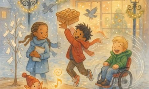 Four characters: Mira, 9, light chestnut hair in a braid, sky-blue coat, sketchbook under her arm, standing left fastening a paper figure to the town square's wish tree; Jonah, 9, tousled black hair, red jacket, muddy sneakers, center on tiptoe catching a rolling pie; Sam, 9, blond, green jacket, seated in a red scooter-chair at right, laughing as he spins with motion lines; Pip the elf, tiny (broom-size), bright green coat and red pompom hat, mischievous eyes, on the wooden stage clapping and tossing a visible golden musical spiral. Scene: snowy village square at night with wet cobbles, wrought-iron lampposts strung with lights, a decorated shop window and small wooden stage, a wish tree hung with paper figures fluttering. Main situation: joyful chaotic aftermath of a prank — flashing garlands, flying scarves, blurred pigeons, rolling pies — children laughing as they fix things while the surprised, happy elf experiences the warmth of being helped.