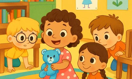 A 2-year-old girl named Mia, with big curious eyes and curly hair, is kneeling on a soft rug, her face beaming with excitement. She wears a pink dress with white polka dots and holds a small blue teddy bear in her arms, a joyful smile lighting up her face. Next to her, Ben, a 4-year-old boy with blonde hair and round glasses, looks under a table with a focused expression. Lily, a 3-year-old girl with brown braids, sits on the floor, examining a corner of the room with sparkling curious eyes. Max, a 4-year-old boy with messy brown hair, leans forward, searching behind a chair with a determined look.

The scene takes place in a warm classroom, with colorful walls adorned with children's drawings, a shelf filled with colorful books, and a cozy reading corner with fluffy cushions. In the center, a soft and colorful rug invites the children to explore.

Mia and her friends are on a quest to find their lost blue teddy bear somewhere in the classroom. They enthusiastically rummage through furniture and behind toys, their faces lit up by the excitement of the adventure.