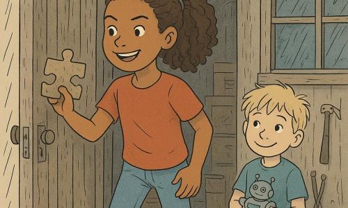 A triumphant 10-year-old girl with curly brown hair in a ponytail, a determined face and laughing eyes, holds a slightly muddy puzzle piece in her left hand while pushing open the creaky door of an old weathered garden shed with her right; her little brother Max, about 6, with tousled blond hair and a guilty but smiling expression, stands a step behind in the shadowed doorway holding a toy robot. The shed has rough wooden planks, a fogged window, stacked boxes, hanging tools and cobwebs, the floor wet with rain and puddles glinting in the fine afternoon drizzle, capturing a confident pose and a tender sibling moment as she finds the last puzzle piece.