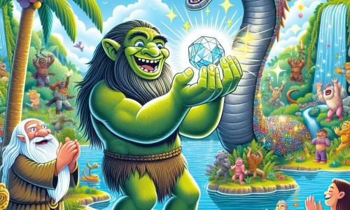 A troll named Grumble, large and sturdy, with green skin and sparkling kind eyes, stands in the center of the image, holding a shining stone in his big hands. His expression is determined and joyful, showing he is ready to prove his innocence. Beside him, Seraphina, the wise sand serpent, is a majestic creature with shimmering bright scales, coiled around a palm tree, watching Grumble with a benevolent gaze. The setting is a lush oasis, with swaying palm trees, vibrant flowers, and crystal-clear water reflecting the blue sky. The main scene shows Grumble raising the magical stone, illuminating the oasis with a bright light, while fantastical creatures, like colorful birds and small animals, surround him, applauding and celebrating his triumphant return.