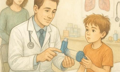 A kind-looking male doctor (35–40) with short light-brown hair sits on an exam table smiling slightly and calmly demonstrating an inhaler with a spacer in a precise, teaching gesture; an 8–10-year-old boy with tousled hair sits to the doctor’s right holding the spacer like a toy, watching intently and ready to imitate; the boy’s mother (30–40) stands slightly behind to the left, hands clasped, worried but reassured. The small consultation room has a light wall with a colorful lung poster, a stethoscope, a folding chair, an exam table covered in crumpled white paper, a small shelf with inhaler boxes and a few toys. Main focus: gentle, reassuring instruction with warm, bright pastel tones, paper and watercolor textures, composition centered on hands and exchanged looks between doctor and boy.