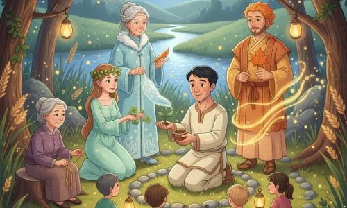 A gentle, slightly wrinkled man named Hiroto kneels in a grassy circle holding a small green shoot in his palm while pouring water from a bark cup; to his left stands Spring, a young slender woman with a crown of green buds and a mint dress, smiling and offering a clover-covered hand; to his right stands Summer, a golden-skinned, short-haired man in peach and gold who holds a fan and emits visible warm waves; behind Hiroto to the right is Autumn, a mature bearded man in amber and brown holding a maple-leaf paper with names, calm and reverent; behind him to the left is Winter, an elderly silver-haired woman in a pale blue coat embroidered with frost, delicately placing a jelly feather on the shoot; three mixed children around eight sit a short distance away in a circle, amazed, holding firefly lanterns and wearing colorful clothes, with an elderly village woman of about seventy seated on a nearby stump offering a woven ribbon; the setting is a small clearing beneath intertwined tree branches forming a natural canopy, tall grass lit by fireflies, mossy ground with smooth stones arranged in a circle, a shimmering river and soft hills in the background; the scene is a soft, magical nighttime ceremony where the four seasons gather around the sacred shoot under dim moonlight and strings of fireflies, with crisp textures and warm colors contrasted by cool blues, creating a mythical but benevolent atmosphere.