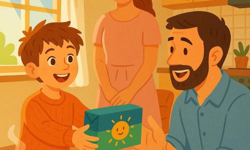 Ragazzo di 8 anni entusiasta e fiero, capelli castani corti e leggermente spettinati, occhi nocciola e guance paffute, tiene un portabicchiere di cartone blu e verde decorato con un sole sorridente e porge il regalo al padre con un largo sorriso; padre adulto con barba di qualche giorno e camicia azzurro chiaro, seduto vicino a un tavolino, lo riceve con sorpresa gioiosa; madre con capelli lunghi raccolti e vestito rosa pallido sta in piedi dietro il ragazzo vicino al tavolo della cucina, osserva la scena con orgoglio e sorriso tenero; ambientazione in cucina-soggiorno luminosa con pavimento in legno chiaro, tavolo in legno con una tazza di tè fumante, finestra con tende bianche e raggio di sole, cuscini colorati sul divano; momento caldo e intimo del ragazzo che offre il regalo fatto a mano al padre, gesti affettuosi e luce soffusa; stile: illustrazione vettoriale, colori vivaci e contrastati, tratti netti, texture piatte, atmosfera dolce e gioiosa.