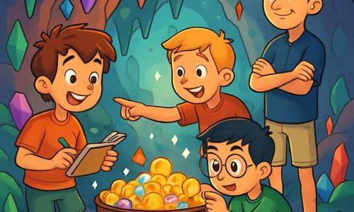 Há 4 crianças: - Miguel: um garoto de 10 anos, com cabelos castanhos bagunçados e olhos cheios de curiosidade. Ele segura um caderno em uma mão e um lápis na outra, pronto para desenhar o tesouro. - Lucas: um garoto de 11 anos, com cabelos loiros e pele levemente bronzeada. Ele veste uma camiseta vermelha e um short, e está apontando para um velho baú cheio de tesouros. - Pedro: um garoto de 10 anos, com óculos redondos e cabelos negros. Ele está agachado perto do baú, examinando uma moeda de ouro com admiração. - Tiago: um garoto de 12 anos, alto e magro, com cabelos castanhos e um sorriso travesso. Ele está em pé, com os braços cruzados, observando seus amigos com orgulho. A cena acontece em uma caverna misteriosa, com paredes brilhantes de cristais coloridos, estalactites pendendo do teto e uma luz suave filtrando por uma pequena abertura, iluminando o chão coberto de pedras preciosas. No centro da caverna, um grande baú de madeira antiga está cheio de moedas de ouro e joias brilhantes, criando um espetáculo deslumbrante. A situação principal mostra os quatro amigos descobrindo o tesouro escondido na caverna, cheios de excitação e admiração, cada um reagindo de forma diferente a essa incrível descoberta, enquanto sombras dançam ao redor, adicionando um toque de mistério à atmosfera.