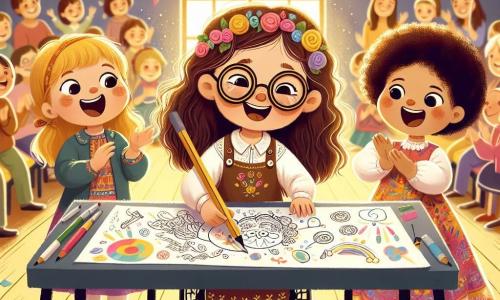 No centro da imagem, está **Ana**, uma menina de três anos com longos cabelos castanhos e óculos redondos, que desenha alegremente em uma grande folha de papel. À sua direita está **Sofia**, uma menina de três anos com cabelos loiros e cacheados, que canta entusiasticamente, com um grande sorriso no rosto. À esquerda, **Bia**, uma menina de três anos com cabelos castanhos e um lindo vestido colorido, está sentada em sua cadeira de rodas, aplaudindo suas amigas com estrelas nos olhos. O cenário é uma cena escolar decorada com balões coloridos e guirlandas de papel. Ao fundo, podem-se ver pais e crianças sentados em bancos, todos sorridentes e cativados pela apresentação das três amigas. A luz suave do sol ilumina a cena, criando uma atmosfera alegre e acolhedora. A situação principal mostra Ana, Sofia e Bia compartilhando um momento especial, onde expressam seu talento e amizade, ilustrando a autoconfiança e o apoio mútuo.