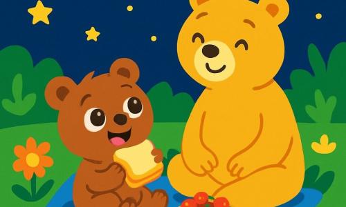 Benny the bear, a small brown bear with big bright eyes, is sitting on a soft blanket in his garden, smiling joyfully. He holds a honey sandwich in one paw and looks at the starry sky in wonder. Next to him, Mama Bear, a large bear with golden fur and gentle eyes, smiles tenderly, sharing a moment with her son. She sits cross-legged, surrounded by delicious red berries. The garden is filled with colorful flowers and lush greenery under a night sky dotted with sparkling stars. The scene depicts Benny and Mama Bear enjoying a picnic under the stars, creating a warm and magical atmosphere full of happiness and discovery.