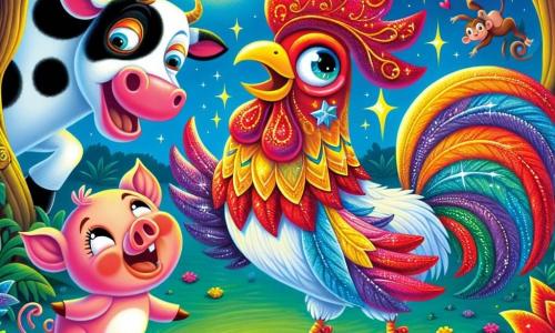 Um galo colorido, com penas brilhantes de vermelho e ouro, está no centro da cena, com os olhos brilhando de excitação e um grande sorriso no bico, dançando e cantando alegremente. Ao seu lado, uma vaca doce e risonha, com pelagem preta e branca, observa Caco com admiração, batendo os cascos no ritmo da música. Um porquinho rosa, com bochechas redondas e olhar travesso, está um pouco atrás, rindo e gesticulando com entusiasmo, pronto para se juntar à dança. A cena se passa em uma clareira encantada, iluminada pela luz da lua, cercada por árvores majestosas com folhas cintilantes e flores coloridas que dançam suavemente ao vento. Ao fundo, um grupo de macacos travessos observa a cena, prontos para se juntar à festa. Caco, o galo, improvisa uma canção engraçada sobre os macacos enquanto dança, transformando uma competição de talentos em uma alegre festa cheia de risos e camaradagem, onde todos os animais se divertem juntos sob o céu estrelado.