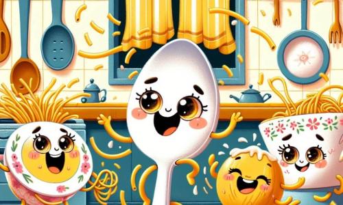 Linuța, o linguriță zâmbitoare cu ochi strălucitori și un zâmbet jucăuș, dansează vesel în centrul bucătăriei, înconjurată de spaghete care par să se agite ca și cum ar dansa. Tavi, o farfurie rotundă și colorată, se află în stânga, râzând cu poftă cu resturi de paste pe suprafața sa, în timp ce Măriuca, o cană frumoasă cu motive florale, este în dreapta, râzând în încercarea de a prinde spaghete care alunecă pe masă. Bucătăria este călduroasă și primitoare, cu pereți galbeni, ustensile din lemn agățate și o fereastră care lasă să intre lumina soarelui, creând o atmosferă veselă și jucăușă. Situația principală o arată pe Linuța conducându-și prietenii într-o competiție de dans hilar, cu spaghete zburând în toate direcțiile, umplând aerul de râsete și bună dispoziție.