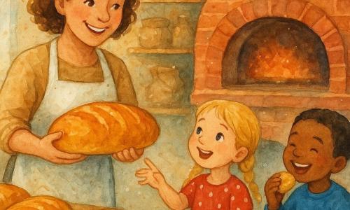 Bäckerin, etwa 35 Jahre, kastanienbraune lockige Haare, weißes mehlbeflecktes Schürze, warmes Lächeln, sie hält vor dem offenen roten Backofen ein großes goldbraunes Brot; Mädchen etwa 6 Jahre, blonde Zöpfchen, rotes Kleid mit weißen Punkten, staunt und reicht die Hand; Junge etwa 5 Jahre, kurze braune Haare, blauer Pullover, sitzt auf einem Hocker mit einem warmen Brotstück und lacht; heller bemehlter Holztresen mit mehreren goldenen Laiben, Regal mit Mehlsäcken und Kupferutensilien im Hintergrund, weiches Morgenlicht durch Sprossenfenster, Mehlstaub in der Luft, einladende Atmosphäre; Hauptszene: die Bäckerin reicht stolz knuspriges Brot an die um den Tresen versammelten Kinder, Moment des Teilens, sichtbare Texturen (goldene Kruste, weiche Krume, Mehl an den Fingern).