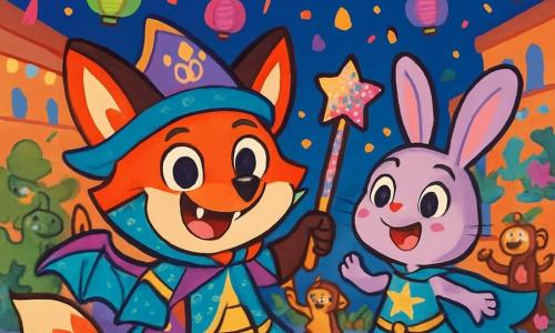 Zorrito Rojo, un pequeño zorro con un pelaje brillante de rojo y una cola juguetona, lleva un disfraz de dragón pirata mago, resplandeciente de mil colores. Tiene ojos chispeantes de alegría y una amplia sonrisa, sosteniendo una varita de cartón decorada con purpurina. A su lado, Lila la liebre, una adorable conejita de grandes orejas y pelaje suave como terciopelo, baila alegremente, su disfraz de heroína brillando bajo las luces. El escenario es una calle animada de Brillaflor, llena de faroles coloridos flotando en el aire, confeti revoloteando y carros decorados con flores y guirnaldas. Animales de todo tipo bailan y ríen, creando un ambiente festivo y alegre. La situación principal muestra a Zorrito y Lila en el corazón del carnaval, rodeados de música y risas, listos para participar en el gran desfile, con fuegos artificiales iluminando el cielo estrellado sobre ellos.