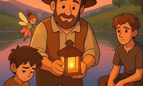 Un hombre llamado Aureliano, de rostro dulce, ojos curiosos y manos callosas, sonríe con emoción apacible sosteniendo un pequeño farol de madera que emite luz miel, junto al borde del lago Espejito; una pequeña hada llamada Liria, del tamaño de una palma y vestida con pétalos que cambian de rosa a verde, vuela junto a su hombro derecho con chispas doradas; a la izquierda, Nardo, un adolescente de cabello alborotado y mirada avergonzada, sostiene una batuta de director de coro, inclina la cabeza hacia el agua listo para pedir perdón; a la derecha, Silén, un joven algo mayor con rostro triste pero sereno, sentado en una piedra, mira a Nardo con disposición a perdonar; el lago, como un espejo, refleja rostros y escenas, bordeado de piedras cubiertas de musgo y juncos plateados, con colinas floridas y árboles de hojas nuevas al fondo y un cielo crepuscular coral y violeta; luz suave y cálida con reflejos dorados en el agua y pequeñas partículas brillantes que sugieren la magia del perdón, composición centrada en el triángulo Aureliano–Nardo–Silén, atmósfera tranquila, tierna y esperanzadora.