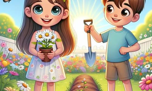 Una bambina di 8 anni, Elena, con lunghi capelli castani e occhi scintillanti di gioia, si trova al centro di un giardino scolastico colorato, circondata da fiori vivaci. Indossa un vestito leggero a fiori e sorride ampiamente, tenendo in mano una piccola piantina di margherite bianche, pronta per essere piantata. Accanto a lei, suo fratello maggiore, Luca, di 10 anni, con capelli castani e un sorriso complice, la incoraggia tenendo una piccola pala. Indossa una maglietta blu e pantaloni corti, e si piega leggermente verso Elena, mostrando il suo entusiasmo per il giardinaggio. Il giardino è un luogo soleggiato, pieno di fiori di tutti i colori, con file di piante appena piantate e un cielo blu chiaro sullo sfondo. Farfalle svolazzano intorno ai fiori, aggiungendo un tocco di magia alla scena. La situazione principale mostra Elena e Luca che lavorano insieme per piantare fiori nel giardino, simboleggiando lo spirito di cooperazione e gioia che la stagione primaverile porta.