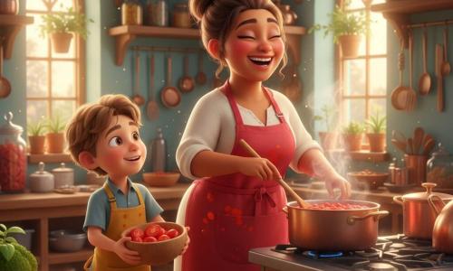 Una chef sorridente dai capelli castani raccolti in uno chignon e con un grembiule rosso macchiato tiene un grande cucchiaio di legno e mescola una pentola di salsa rosso vivo, il volto luminoso; un ragazzo di circa 7 anni dai capelli castano chiaro con un piccolo grembiule giallo, leggermente a sinistra, osserva meravigliato tenendo una ciotola di pomodori tagliati; cucina magica e colorata con pareti pastello, scaffali in legno con barattoli, utensili lucenti appesi, grandi finestre che lasciano entrare luce calda e vasi di basilico sul davanzale; la scena mostra la preparazione della salsa con vapori profumati, risate, una vecchia cucina in rame e un grande tavolo di legno con verdure fresche; stile visivo a colori saturi, texture morbide e brillanti, forme tonde e accoglienti, illuminazione calda.