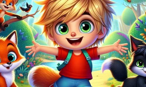 Pinocchio, un ragazzino di legno con capelli biondi disordinati e un grande sorriso gioioso, si trova al centro dell'immagine, con le braccia aperte, pronto ad accogliere i suoi amici. I suoi occhi brillanti esprimono una curiosità vivace, e indossa una camicia rossa vivace e pantaloni blu, accentuando il suo aspetto birichino. Alla sua destra, il Gatto, un gatto birichino con pelliccia nera e occhi verdi scintillanti, salta gioiosamente, con le zampe in aria e un'espressione maliziosa. A sinistra, la Volpe, una volpe astuta con pelliccia arancione brillante e una coda folta, guarda Pinocchio con un sorriso complice, come se stesse già pianificando la loro prossima avventura. La scena si svolge nella Grande Foresta delle Idee, un luogo magico dove gli alberi hanno foglie a forma di libri e fiori colorati parlano. Pinocchio e i suoi amici hanno appena completato la loro missione per aiutare animali in difficoltà e celebrano il loro successo ridendo e ballando insieme, circondati dalla bellezza incantata della foresta.