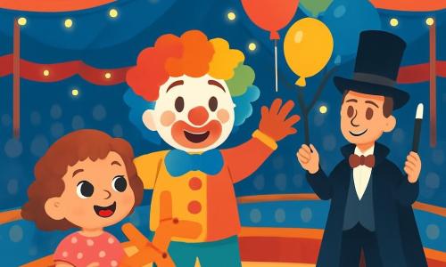 Een 2-jarig meisje, Lila, met grote glanzende ogen en krullend haar, glimlacht verwonderd terwijl ze een hondvormige ballon vasthoudt. Ze draagt een roze jurk met stippen en gele schoenen. Naast haar staat een blije clown van ongeveer 30 jaar, met een wit geschilderd gezicht, een rode neus en een grote kleurrijke pruik, die grappige gebaren maakt terwijl hij met kleurrijke ballonnen staat. Een tovenaar van ongeveer 40 jaar, met een lange zwarte cape en een hoge hoed, staat iets verderop en glimlacht terwijl hij een toverstok omhoog houdt. De scène speelt zich af onder een groot circusdoek in felle rode en blauwe kleuren, vol met fonkelende lichten en feestelijke versieringen. In het midden is er een groot podium omringd door verwonderde toeschouwers. Lila lacht vrolijk terwijl de clown ballonnen tevoorschijn tovert en de tovenaar een goocheltruc voorbereidt, wat een feestelijke en magische sfeer creëert.