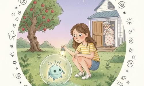 O fată de 10 ani cu ochi strălucitori și zâmbet uimit, în tricou galben cu dungi și șort din denim, ține o mică lampă-autocolantă și se ghemuiește lângă o bulă transparentă; e curioasă și ușor surprinsă. Un mic robot extraterestru rotund, verde-bleu pal cu trei antene spiralate și ochi luminoși ca niște butoane, plutește în interiorul unei bulle-stație pe iarbă în fața fetei; emite o lumină blândă și un mic „pip-pip”. Bunica (aprox. 65 de ani) stă în ușa casei în fundal, păr gri prins în coc, rochie cu flori, privind scena cu surprindere binevoitoare de pe prispa casei. Locul: grădină de la țară la amurg, iarbă verde presărată cu mentă, un măr bătrân cu ramuri răsucite în stânga, o casă de lemn albă în dreapta, cer violet deschis cu stele abia apărute. Situația principală: fata descoperă un mic vas-bulă extraterestru pe iarbă; o hartă luminoasă proiectată pe sol formează constelații miniaturale, atmosferă calmă, magică și plină de uimire, culori pastel calde, texturi de creion și acuarelă, lumină blândă venind din bulă.