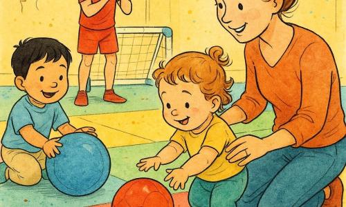 A joyful, focused 2-year-old girl with light brown curls and soft play boots pushes a small red ball with both hands on a colorful mat; her smiling ~30-year-old mother with hair in a bun holds her right hand and watches proudly; a smiling ~3-year-old boy with short black hair sits to the left and rolls a large blue ball toward her; a male coach (~25) in red sportswear stands by a small goal in the background, applauding; setting: small indoor toddler gym with multicolored foam mats, pastel yellow walls with balloon drawings, a plastic goal and orange cones; main moment: the girl has just kicked the red ball rolling toward the goal, everyone watching, warm playful atmosphere, bright ink-like colors and clean outlines.