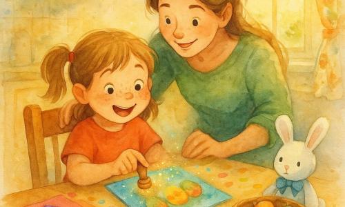 Meisje van 4 jaar, Lisa, rond gezicht met sproeten, lichtbruin haar in twee staartjes, verwonderde glimlach, zittend op een laag stoeltje terwijl ze zachtjes een klein gouden stempel op een kleurrijke kaart drukt; haar moeder (ongeveer 35), lang haar in losse knot, glimlachend en voorovergebogen om te helpen met één hand op de stoelrug. Knuffel Flap, een wit konijn met een blauwe strik, ligt op tafel naast de vellen en lijkt naar de kaarten te kijken. Zonnige keuken met lichte houten tafel bedekt met gekleurd papier, glinsterende stiften, confetti en een klein gevlochten mandje met beschilderde eieren; raam met bloemengordijn laat warme ochtendlicht binnen. Hoofdsituatie: Lisa drukt het gouden stempel; de kaarten fonkelen en geven kleine gouden vonkjes, de getekende eieren kleuren fel, en er zijn zachte bewegingen en magische aquarellespatten rond de vonkjes.