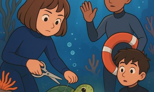 Menina de 12 anos, rosto redondo, cabelo castanho curto, expressão concentrada e suave, com roupa de mergulho azul-marinho, corta com uma pequena lâmina de segurança um fio de pesca transparente para libertar uma pequena tartaruga verde-oliva presa a uma rocha; menino de 12 anos, Tomás, cabelo castanho desgrenhado, ar surpreso e tímido, com roupa de mergulho preta, ilumina a cena à direita com uma pequena lanterna subaquática; mulher, professora Lia, cerca de 35 anos, pele morena, cabelo apanhado, olhar calmo e protetor, com roupa de mergulho cinza, vigia à esquerda sinalizando com a mão e segurando uma boia; fundo: jardim de recife com rochas cobertas de anêmonas rosa e laranja, algas castanhas ondulantes, corais amarelos, partículas luminosas e raios de sol filtrando; cena principal: resgate tranquilo, a menina corta o fio, a tartaruga se solta devagar e bolhas sobem, atmosfera respeitosa e luminosa.