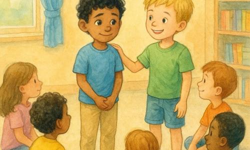 Een 8-jarige jongen genaamd Amir, van Arabische afkomst, met zwarte krullende haren en een verlegen glimlach, staat in een lichte klaslokaal. Hij draagt een blauw t-shirt en een beige broek, en lijkt zowel nerveus als nieuwsgierig. Naast hem staat een andere 8-jarige jongen, Milan, met blond haar en sprankelende ogen, die warm glimlacht. Milan draagt een groen t-shirt en een spijkershort. Ze worden omringd door hun klasgenoten, die allemaal in een kring op de grond zitten en aandachtig luisteren. Het klaslokaal is kleurrijk, met muren versierd met kindertekeningen en planken vol boeken. De scène toont Amir die zijn verhaal deelt, terwijl Milan hem aanmoedigt met een vriendelijke blik.