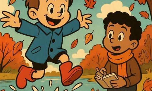 An 8-year-old boy, Max, with tousled brown hair and a bright smile, joyfully jumps into a puddle. He is wearing a blue coat and red rubber boots. Next to him, Amir, another 8-year-old boy with an orange scarf and curly black hair, watches in wonder, holding a small sketchbook. They are surrounded by vibrant autumn leaves, red and golden, swirling around them. In the background, a shimmering lake reflects the blue sky dotted with fluffy white clouds, and trees with branches full of colorful leaves frame the scene. The scene captures a moment of discovery and shared joy between the two friends in an enchanting autumn landscape.