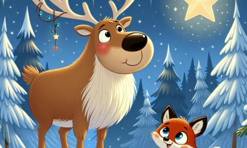 A reindeer named Rolo, with light brown fur and majestic antlers, expresses great curiosity and joy as he looks at a bright star hanging from a tree branch. Next to him, a small fox with reddish fur and a bushy tail, with sparkling eyes of excitement, jumps in the snow, ready to discover the magic. In the background, a snowy forest stretches with majestic trees covered in sparkling snow, and the sky is a deep blue, dotted with stars. The scene captures Rolo and the fox in a moment of wonder, amazed by the beauty of the star illuminating their adventure.
