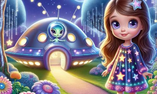 In a bright garden, an 8-year-old girl named Lily stands in awe before a shining spaceship. She has long brown hair, sparkling curious eyes, and wears a colorful dress adorned with star patterns. Her face expresses intense joy and slight surprise as she gazes at the ship shimmering under the moon. Next to her, Zara, a small alien with iridescent skin that changes color, floats slightly above the ground. Her large bright eyes seem full of wisdom and friendship, and she warmly smiles at Lily, showing her the way inside the spaceship. The enchanting garden is filled with glowing flowers that shine in the dark, and trees with sparkling leaves. The moon casts a soft silver light over the scene, creating a magical and inviting atmosphere. The main focus shows Lily and Zara standing by the spaceship, ready to embark on an intergalactic adventure. Lily, with a mix of excitement and curiosity, reaches for the entrance of the ship, while Zara encourages her with a friendly gesture, promising wonders beyond the stars.