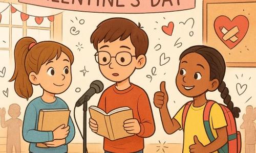 Three children in a school gym decorated for Valentine’s Day: Milo, about 10, short brown hair and thin glasses, stands center at a microphone with an open book, focused; Jada, about 10, tan skin and braided black hair, wearing a colorful backpack, gives a mischievous, encouraging thumbs‑up to Milo from the right; Amelia, about 11, light brown hair in a ponytail, holds the same book to her chest on the left, looking grateful with shining eyes. The gym has a varnished wood floor, warm light, red and pink banners, paper heart garlands, a “Valentine’s Day” sign and a corkboard displaying a repaired heart with a red ribbon. Milo reads aloud on stage, Jada encourages, Amelia waits to take the book; the atmosphere is warm and joyful with soft lighting, children applauding, and the repaired heart visible as a shared symbol.