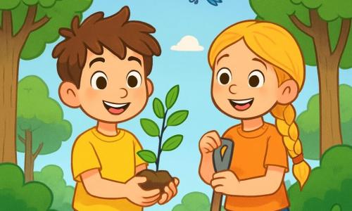 Um menino de 8 anos, chamado Pedro, com cabelos castanhos bagunçados e olhos cheios de curiosidade, está em pé no meio de uma floresta verdejante. Ele usa uma camiseta amarela e um short de jeans, e seu rosto expressa uma determinação alegre enquanto segura uma pequena planta nas mãos. Ao lado dele, uma menina de 8 anos, Clara, com cabelos longos e loiros trançados, sorri segurando uma pá, pronta para plantar uma nova árvore, seus olhos brilhando de excitação. Ao fundo, árvores majestosas com folhas de um verde vibrante se erguem em direção ao céu azul, enquanto pássaros coloridos voam alegremente ao redor deles. A cena transmite uma atmosfera de camaradagem e esperança, ilustrando o compromisso das crianças em salvar a floresta plantando árvores e cuidando da natureza.