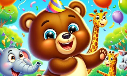 Ein Bär namens Bruno, mit braunem Fell und funkelnden Augen, tanzt auf einer Feier, umgeben von bunten Ballons, die in der Luft schweben. Er hat ein großes Lächeln im Gesicht, das seine ansteckende Begeisterung zeigt. Neben ihm streckt eine Giraffe namens Gigi, mit einem langen gefleckten Hals und sanften Augen, die Arme aus, um Ballons zu fangen, während ein Elefant namens Ella, mit großen Ohren und grauer Haut, im Takt mit den Füßen stampft und fröhliche Musik macht. Der Hintergrund der Illustration zeigt einen bunten Zoo mit Tiergehegen und grünen Bäumen unter einem sonnigen blauen Himmel. Die Hauptszene zeigt Bruno, der auf einer Bananenschale ausrutscht und kurz davor ist, in eine große Torte zu fallen, während alle Tiere um ihn herum lachen und Spaß haben.