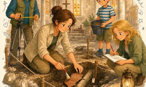 Kobieta archeolog (35–45 lat), łagodne skupione oblicze, kasztanowe włosy w koku, lekko uśmiechnięta, klęczy w beżowej kurtce i khaki spodniach, trzyma mały czerwony pędzelek i delikatnie odsłania fragment ceramiczny; chłopiec Staś (~10 lat), krótkie brązowe włosy, ciekawy nieśmiały wyraz, w niebieskiej czapce i pasiastym t‑shircie, trzyma wiaderko z piaskiem z tyłu po prawej; mężczyzna Pan Olek (~50 lat), krótka siwa broda, poważny i ochronny, stoi po lewej z żółtą taśmą mierniczą przy statywie i notesie; kobieta Pani Zosia (30–40 lat), rozpuszczone blond włosy, błyszczące oczy, kuca z notesem i czerwonym ołówkiem robiąc szkic przy krawędzi wykopu obok oliwnej lampy na kamieniu; wnętrze starego kamiennego kościółka z ostrołukowymi sklepieniami, kolorowymi witrażami rzucającymi pomarańczowe światło, zużytymi filarami, kamienną posadzką i dużym kwadratowym wykopem w centrum otoczonym sznurkami i ponumerowanymi sakiewkami; scena spokojna i jasna, archeologiczne prace pod posadzką chóru, fragment ceramiki z falistym wzorem, widoczna stara kamienna rura, atmosfera skupienia, drobne narzędzia (pędzle, sitko, woreczki) oraz ciepłe akcenty kolorystyczne i drobne rysunki‑doodle (strzałki, gwiazdki, etykiety).