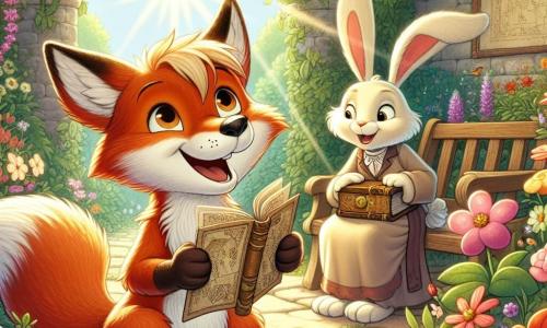 Ein kleiner Fuchs namens Felix mit glänzendem rotem Fell und neugierigen Augen steht im Mittelpunkt eines geheimen Gartens, begeistert von der Schönheit der bunten Blumen um ihn herum. Er lächelt breit und hält eine alte Karte in seinen Vorderpfoten, als hätte er einen verborgenen Schatz entdeckt. An seiner Seite sitzt seine Großmutter, ein sanftes Kaninchen mit großen Ohren und cremefarbenem Fell, die mit einem wohlwollenden Lächeln zusieht und ein altes Buch voller Geschichten in der Hand hält. Sie sitzt auf einer Holzbank, umgeben von strahlenden Blumen, und scheint erfreut, diesen Moment mit ihrem Enkel zu teilen. Der Garten ist eine Oase des Friedens, mit steinernen Wänden, die mit Efeu bewachsen sind, majestätischen Bäumen, die Schatten spenden, und Vögeln, die in den Ästen singen. Sonnenstrahlen dringen durch das Laub und erleuchten die Blütenblätter, wodurch eine magische Atmosphäre entsteht. Die Hauptsituation zeigt Felix, der die Schatzkarte in diesem geheimen Garten entdeckt, einem mysteriösen und bezaubernden Ort, an dem er immense Freude und spürbare Aufregung für die bevorstehenden Abenteuer empfindet.