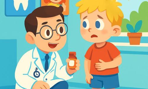 Un uomo, il dottor Marco, sorridente e benevolo, indossa un camice bianco impeccabile. Ha i capelli castani e occhiali rotondi, e si sta accovacciando per parlare con un bambino di circa 6 anni, Luca, che ha i capelli biondi e disordinati e occhi blu. Luca guarda il dottore con un'espressione preoccupata e curiosa, tenendosi la pancia con una mano. La scena si svolge in una clinica luminosa e accogliente, con pareti dipinte di blu pastello e manifesti colorati di personaggi dei cartoni animati sulla salute. I giocattoli sono sparsi sul pavimento e una grande finestra lascia entrare la luce del sole, creando un'atmosfera calda. Il dottor Marco esamina Luca, che si sente male allo stomaco, e gli parla dolcemente per rassicurarlo, tenendo un piccolo flacone di medicinale in una mano, pronto ad aiutare il suo giovane paziente a sentirsi meglio.