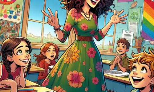 Una mujer, la maestra Sofía, sonriente y llena de calidez, se encuentra en el centro de la escena. Tiene el cabello rizado y ojos brillantes de alegría, vistiendo un vestido colorido adornado con motivos florales. Está hablando con entusiasmo a sus alumnos, con los brazos abiertos, invitándolos a compartir sus ideas. A su derecha, un niño de 10 años, Lucas, con gafas redondas y cabello castaño desordenado, la escucha atentamente, con los ojos abiertos de asombro. A su izquierda, Clara, una niña de 9 años con trenzas y una sonrisa tímida, sostiene un dibujo de un gran árbol con manos entrelazadas, mostrando su orgullo. La escena tiene lugar en un aula luminosa, con paredes pintadas de colores vivos, carteles sobre la paz y una gran pizarra. Dibujos de niños decoran las paredes, y lápices de colores están esparcidos sobre los escritorios. Sofía explica a sus alumnos la importancia de la paz, rodeada de sus obras de arte, mientras los niños intercambian ideas sobre cómo resolver conflictos. La atmósfera es alegre y llena de energía, con risas y murmullos de emoción.