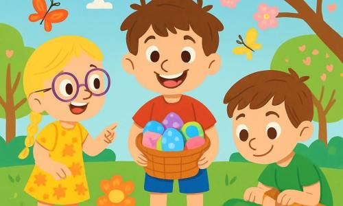 Ci sono 3 personaggi: - Luca: un ragazzo di 7 anni, con capelli castani disordinati e occhi scintillanti. Indossa una maglietta rossa e pantaloni blu. È in piedi al centro, sorridente, con un grande cesto colorato pieno di uova di cioccolato. - Giulia: una ragazza di 6 anni, con lunghi capelli biondi intrecciati e occhiali rotondi. Indossa un vestito a fiori e sandali. È a sinistra di Luca, mentre indica un bel fiore appena sbocciato. - Matteo: un ragazzo di 7 anni, con capelli castani e un sorriso malizioso. Indossa una maglietta verde e pantaloni corti. È a destra di Luca, accucciato e osserva una piccola coccinella su una foglia. Il luogo è un parco primaverile vibrante di colori, con erba verde e fresca, fiori multicolori che sbocciano ovunque e alberi in fiore che danzano dolcemente nella brezza. Il cielo è di un blu splendente, punteggiato di nuvole bianche e soffici. La scena principale mostra i tre amici in piena caccia alle uova di Pasqua, ridendo e divertendosi, mentre farfalle colorate volano intorno a loro, aggiungendo un tocco magico a questa bella giornata di sole.