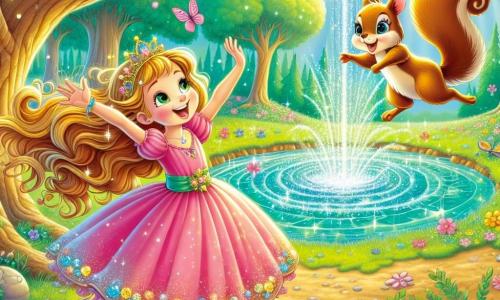 Prinses Lila, een meisje van ongeveer 10 jaar, heeft lange gouden haren die in de zon glanzen en draagt een roze jurk versierd met fonkelende bloemen. Ze heeft een uitdrukking van vastberadenheid en vreugde, terwijl ze haar armen naar de lucht heft bij het ontdekken van de magie van de bron. Naast haar is Kiki, een ondeugend eekhoorntje met een bruine vacht en sprankelende ogen, dat van blijdschap op een tak springt en Lila aanmoedigt. De locatie is een betoverende open plek, omringd door majestueuze bomen met smaragdgroene bladeren, met een kristalheldere bron in het midden die schittert als diamanten in de zon. Kleurrijke bloemen en flonkerende vlinders dansen eromheen, wat een vleugje magie aan de scène toevoegt. De hoofdactie toont Lila en Kiki die de ontdekking van de magische bron vieren, nadat ze een klein vogeltje hebben geholpen zijn weg te vinden, wat vriendschap en moed symboliseert.