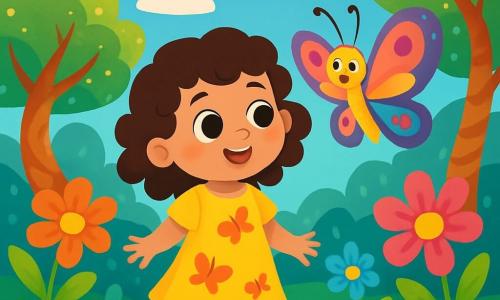 Ein 4-jähriges Mädchen, Mina, mit großen neugierigen Augen und lockigem Haar, steht lächelnd und begeistert im Mittelpunkt des Bildes, umgeben von strahlenden Blumen und bunten Steinen. Sie trägt ein leuchtend gelbes Kleid mit Schmetterlingsmustern. Neben ihr fliegt ein hübscher Schmetterling mit bunten Flügeln fröhlich umher, als würde er mit ihr sprechen. Die Szenerie ist eine magische Insel, gefüllt mit spiralförmigen Baumstämmen und funkelnden Blättern, unter einem strahlend blauen Himmel mit wolkigen Schönheiten. Riesige, lebhaft gefärbte Blumen tanzen um sie herum und verleihen der Umgebung einen Hauch von Magie. Mina schaut den Schmetterling mit funkelnden Augen an, bereit, die Geheimnisse dieser verzauberten Insel zu entdecken.