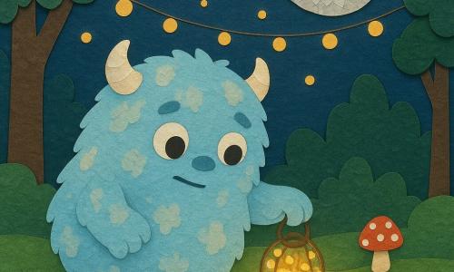Een grote, ronde, donzige monster genaamd Mop met lichtblauwe vacht gemarmerd met crèmekleurige vlekken, kleine parelachtige hoorns en grote glanzende ogen houdt een lantaarn van verwarde glimwormen; de maan als een glimlachend zilveren mozaïekgezicht buigt boven de bomen en kijkt vriendelijk toe; een mosmat vormt kleine groene heuveltjes met rode, witgevlekte paddenstoelen als bakens in een betoverde nachtelijk open plek met bomen waarvan de bladeren uit geperst papier lijken, slingers van lichtgevende bubbels en een pad van kleurrijke schijfjes; de scène toont Mop die onder een paddenstoel naar een ontbrekende noot zoekt terwijl zijn lantaarn warme gouden halo's op het mos werpt.