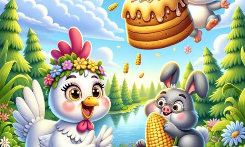 Uma galinha chamada Lila, com penas brancas e um pequeno chapéu colorido, está no centro da imagem, com os olhos brilhando de curiosidade e um grande sorriso no rosto, pulando de alegria diante de um enorme bolo de milho que flutua no ar. À sua direita, um coelhinho travesso com grandes orelhas e pelagem cinza, com uma expressão divertida, aplaude enquanto observa o bolo dançar. À esquerda, um porquinho rosa, com bochechas redondas e um sorriso radiante, segura espigas de milho e ri da situação. A cena acontece em uma floresta ensolarada, com árvores verdes luxuriantes, flores coloridas e um lago cintilante ao fundo. O céu é azul com algumas nuvens brancas fofas. No primeiro plano, Lila, o coelho e o porquinho estão cercados de risadas e alegria, enquanto o bolo, em pleno voo, parece pronto para fazer um truque acrobático.