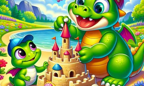 Un dragón verde llamado Pepe, con grandes ojos redondos y una sonrisa alegre, lleva una gorra roja y construye un castillo de arena junto a un lago. A su lado, su mejor amiga, una pequeña rana llamada Lili, con piel verde brillante y ojos chispeantes, lleva una gorra azul y le ayuda añadiendo conchas al castillo. El lago está rodeado de flores coloridas y árboles verdes, bajo un cielo azul brillante con algunas nubes blancas. Pepe y Lili ríen juntos, felices de crear su magnífico castillo de arena, mientras salpicaduras de agua brillan a su alrededor.