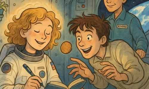The heroine is a joyful, slightly dreamy female astronaut with delicate hands holding a floating pen, curly blonde hair haloing her head, in a white spacesuit with colorful patches, writing in a floating sleep journal at the center; to her right a mischievous ~28-year-old man (Max) with tousled brown hair smiles as he reaches for a spinning round cookie; a ~45-year-old woman (Captain Rivera) watches kindly with her hair in a bun and a calm smile, standing slightly back by an instrument panel with her hand on a handle; the metallic interior has grey panels and visible fasteners, a wide porthole shows a blue, cloudy Earth, potted plants are attached to the wall and small objects (cookie, pen, sock) float; the scene is warm and playful with gentle weightlessness, soft light from the porthole and pastel tones.