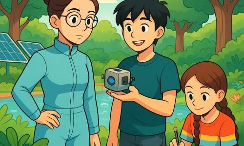 Dr. Mira Alvar stands in a lush park of the Halcyon Spoke space station. She has brown hair in a bun, round glasses, and wears a light blue scientist's suit. Her face shows determination and curiosity as her bright eyes scan the surrounding plants. Beside her is a 16-year-old boy, Jax, with messy black hair and an engaging smile, holding a small cube-shaped drone and closely observing the plants' reactions. A 12-year-old girl, Leena, with braids and a colorful t-shirt, is crouched near a flower bed, taking notes in a small notebook. The park is filled with tall trees with vibrant green leaves, colorful flowers, and a pond with shimmering reflections and rising bubbles. Soft light from solar panels illuminates the area, creating a peaceful and welcoming atmosphere. The main scene shows Dr. Mira, Jax, and Leena working together to save the park by observing plants and discussing solutions to restore the health of this vital ecosystem.