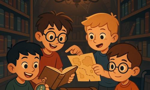 Four boys, aged 10 to 12, stand in a dark, old library. Max, a 12-year-old with messy brown hair and glasses, holds an open old book, his eyes sparkling with excitement. Next to him, Oliver, an 11-year-old with blonde hair and freckles, points to a mysterious map he found. Sam, a 10-year-old with black hair and a mischievous smile, examines a shiny compass in his hand. Finally, Leo, an 11-year-old with brown hair and glasses, sits in his wheelchair, watching the others with a curious gaze. The library is filled with tall wooden shelves stacked with dusty, colorful books. A large chandelier hangs from the ceiling, casting a soft, dim light, while cobwebs dance in the dark corners. The atmosphere is filled with mystery and adventure. The four friends are on a quest, discovering an ancient treasure hidden in the library. They lean over a mysterious chest, their faces illuminated by curiosity and excitement, ready to unveil the secrets of this magical place.