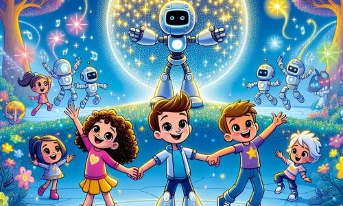 In a futuristic park called Sparkle Park, three friends stand together, surrounded by twinkling lights. Mia, an 8-year-old girl with curly hair and a big smile, is on the left, raising her arms enthusiastically. Leo, a 7-year-old boy with short hair and sparkling eyes, is in the center, jumping for joy. Sam, a 9-year-old boy sitting in his glowing futuristic wheelchair, smiles widely and looks at the sky. The park is filled with bright colors, featuring sparkling trees with glowing branches and singing flowers. Robots dance around them, and a large silver sphere, the source of magic, shines at the center, emitting bursts of light. The main scene shows the children gathered around Zippy, a friendly robot, as he presents a magical crystal that rises into the air, lighting up the sky with a thousand colors. The friends sing together, their faces beaming with excitement, while little twinkling stars float around them.