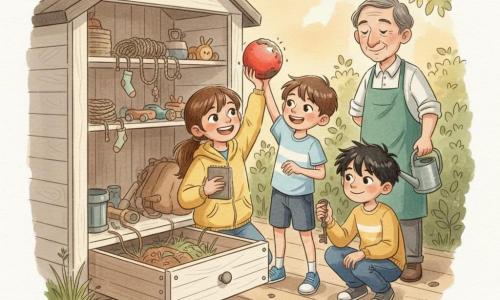 A smiling, proud 10-year-old girl Maya with brown hair in a ponytail, wearing a yellow jacket and holding a notebook, kneels before a slightly open wooden drawer; joyful 10-year-old Leo with short chestnut hair stands beside her holding a shiny red balloon with a bit of mud; shy but happy 11-year-old Jay with messy black hair crouches nearby holding a rusty key; Mr. Patel, a kind-faced gardener of about 50 in a green apron with a watering can, stands behind them by the bushes; the cream-painted wooden shed has cluttered shelves, a dusty open drawer, surrounding grass and roots, and soft sunset light filtering through leaves, creating a warm, friendly scene of triumph as the children celebrate finding the red balloon.