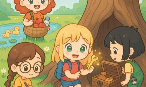Four girls: Lily, 8, straight blond hair, bright green eyes, small blue backpack—kneeling center beside a root holding a golden key; Mia, 7, brown braided hair, round glasses, yellow dress with pencils in the pocket—left, sitting on the grass drawing in a notebook; Ella, 7, short black hair, green overalls, flashlight on her belt—right, leaning toward a small wooden box hidden among the roots; Zoe, 8, curly red hair, freckles, carrying a basket of apples and a water bottle—behind the group smiling at ducks on the pond. Setting: a sunny park corner by a sparkling pond with green grass dotted with daisies, pink and blue flowers along a secret path, a large oak with thick gnarled roots hiding a weathered wooden box, water lilies and three yellow ducks, clear blue sky with fluffy clouds. Main scene: the four little adventurers discover a golden key and open the wooden box in the oak roots, amazed expressions, twinkling stars around the key, ancient treasure pouches and old coins visible inside; pastel, rounded lines, warm magical atmosphere.
